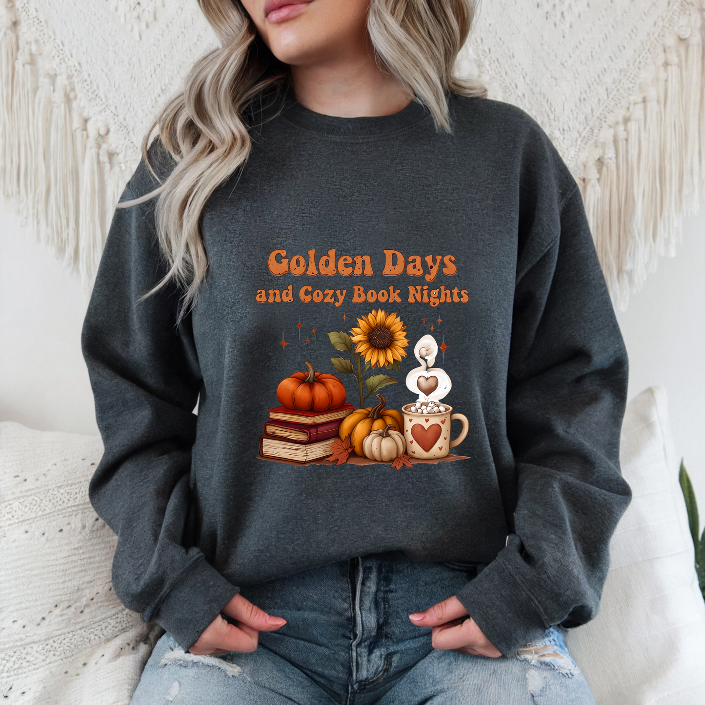 Golden Days and Cozy Book Nights Crewneck Sweatshirt, Autumn Reading Sweater, Fall Vibes Apparel, Cozy Season Bookworm Gift