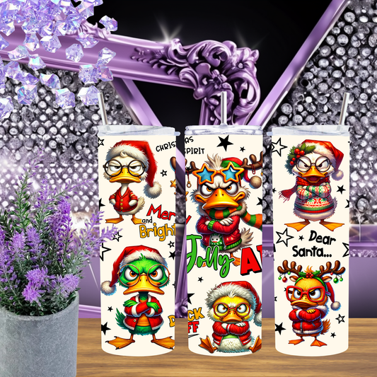 Funny Christmas Duck Tumbler 20 oz – Sarcastic Holiday Skinny Cup with Grumpy Duck Quotes, Snarky Christmas Gift for Her