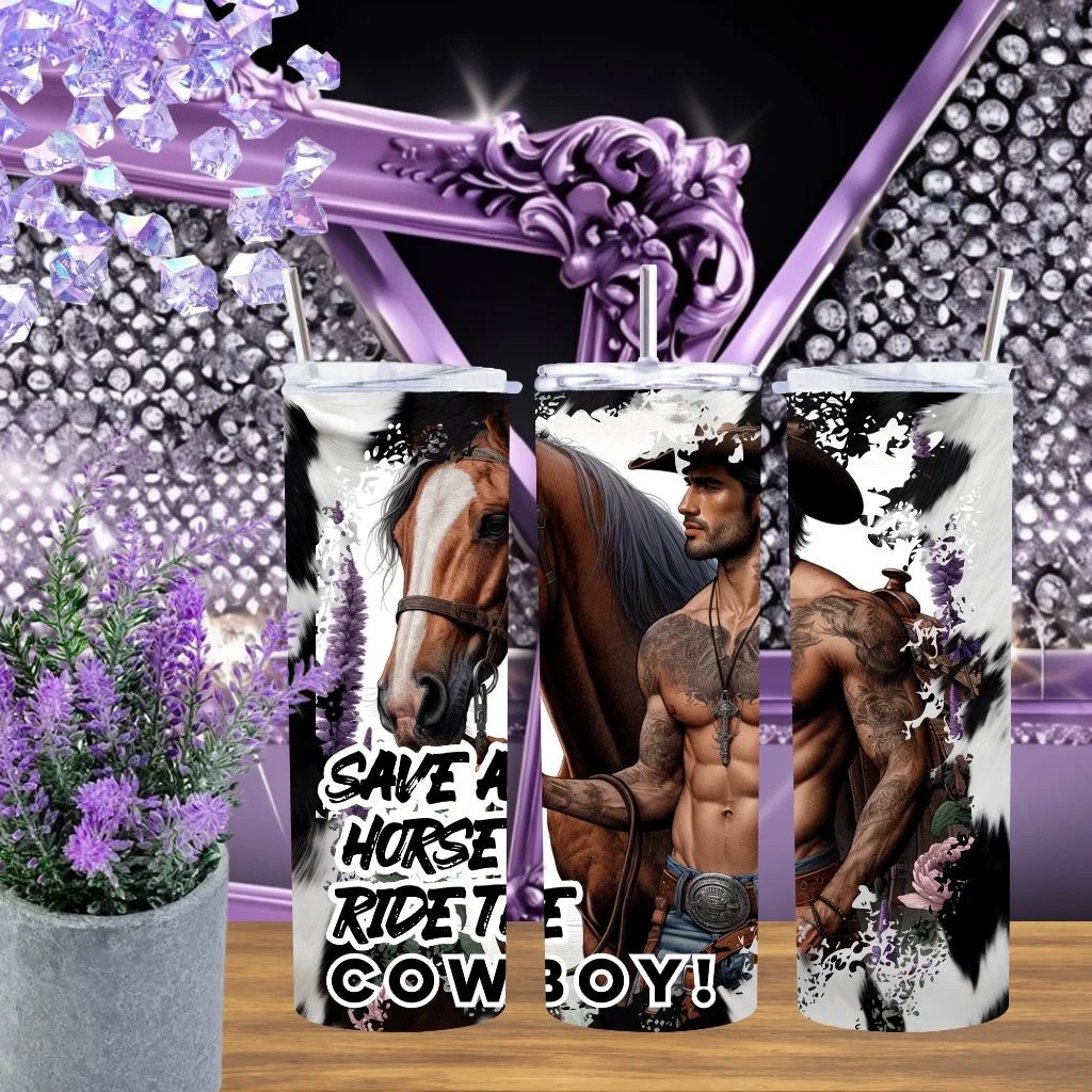 Save a Horse Ride a Cowboy 20oz 30oz Tumbler • Handmade Western Cup • Sexy Cowboy & Horse Gift • Country Girl Aesthetic Stainless Steel Mug by Marie Gems