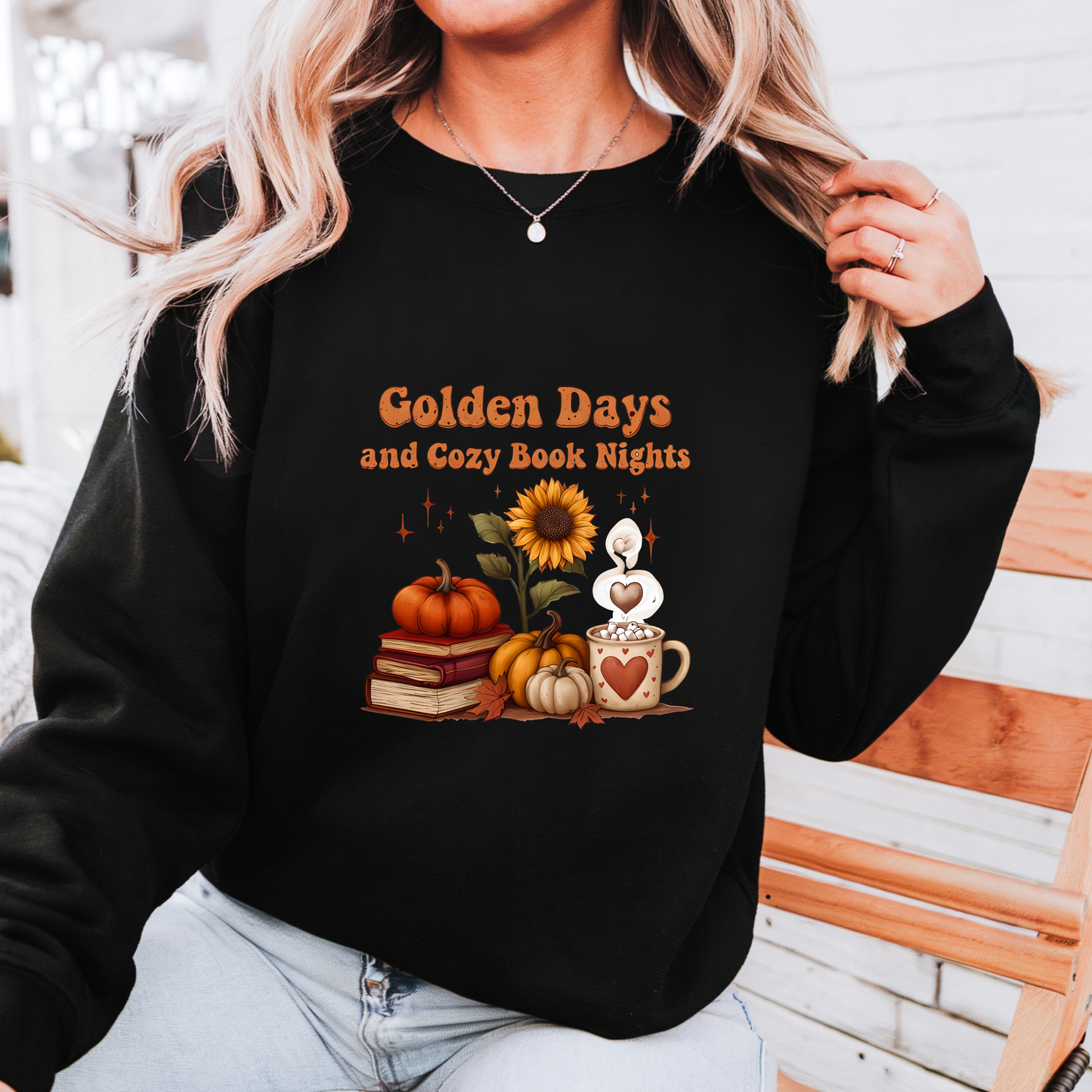 Golden Days and Cozy Book Nights Crewneck Sweatshirt, Autumn Reading Sweater, Fall Vibes Apparel, Cozy Season Bookworm Gift