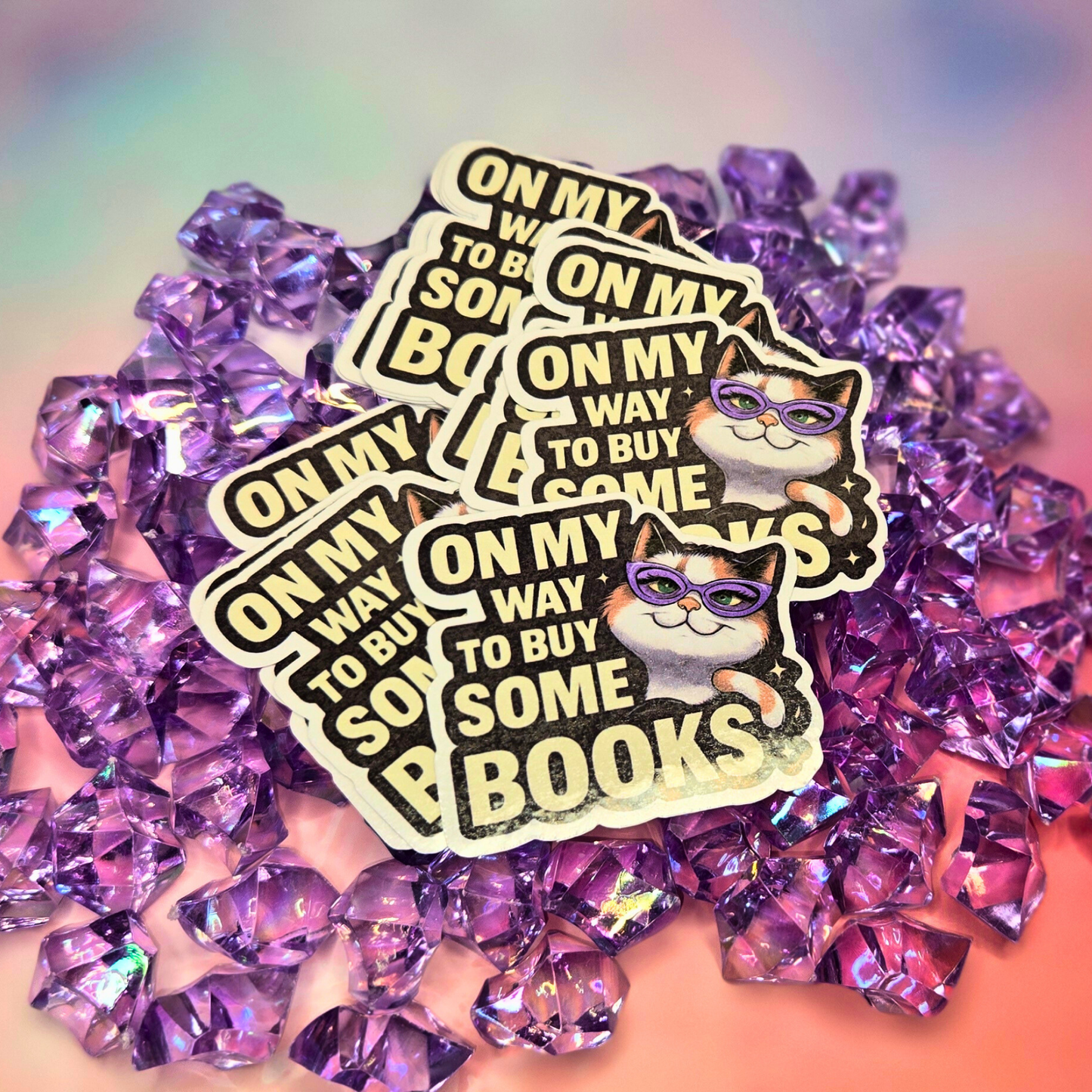 Cute Book Lover Cat Sticker - On My Way To Buy Books Decal - Glasses Kitten - Reader Gift - Laptop, Water Bottle Sticker