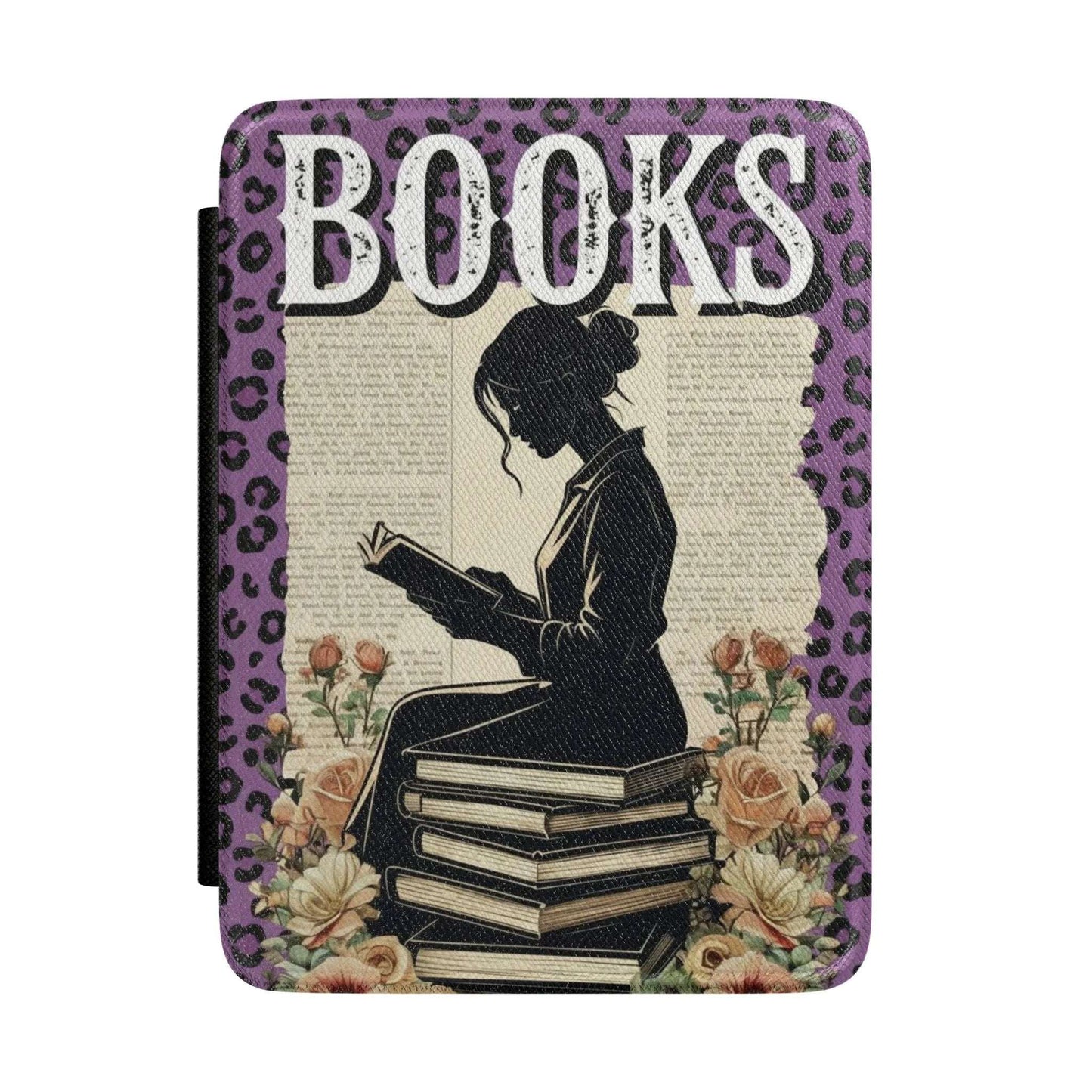 Books Silhouette Kindle Case — Floral Stack of Books Design by Printify