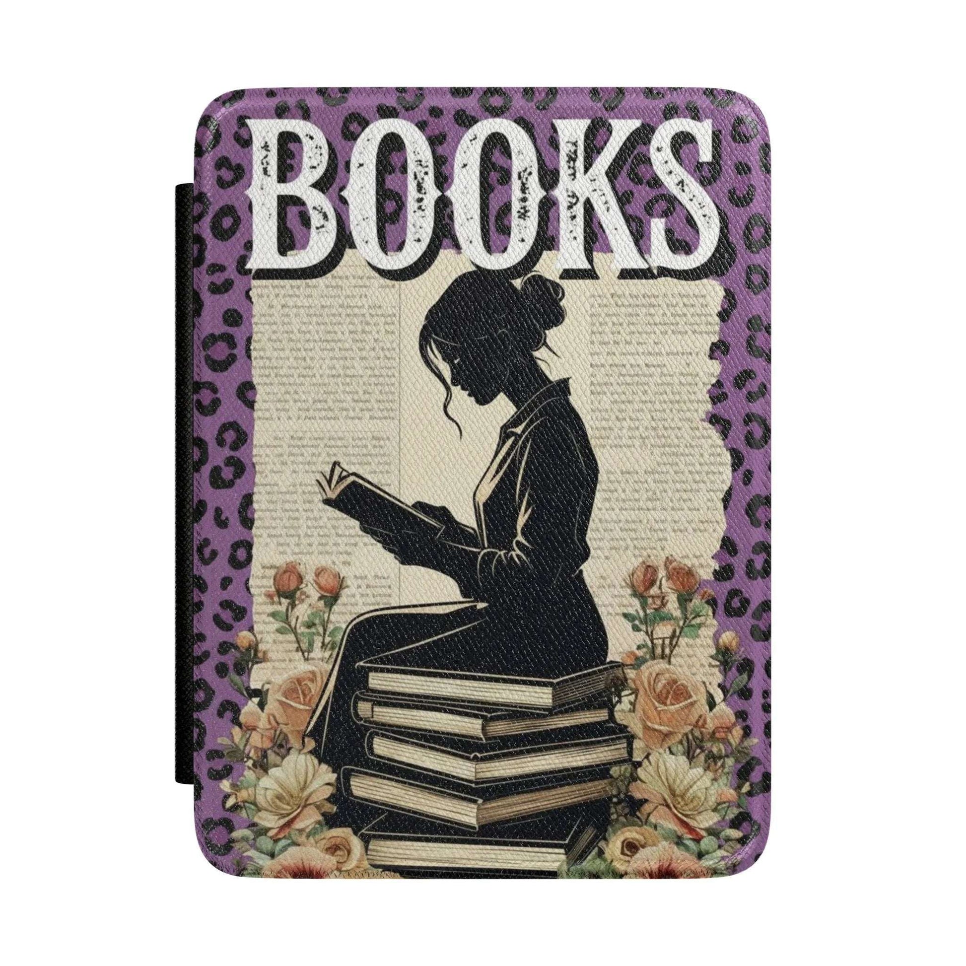 Books Silhouette Kindle Case — Floral Stack of Books Design by Printify