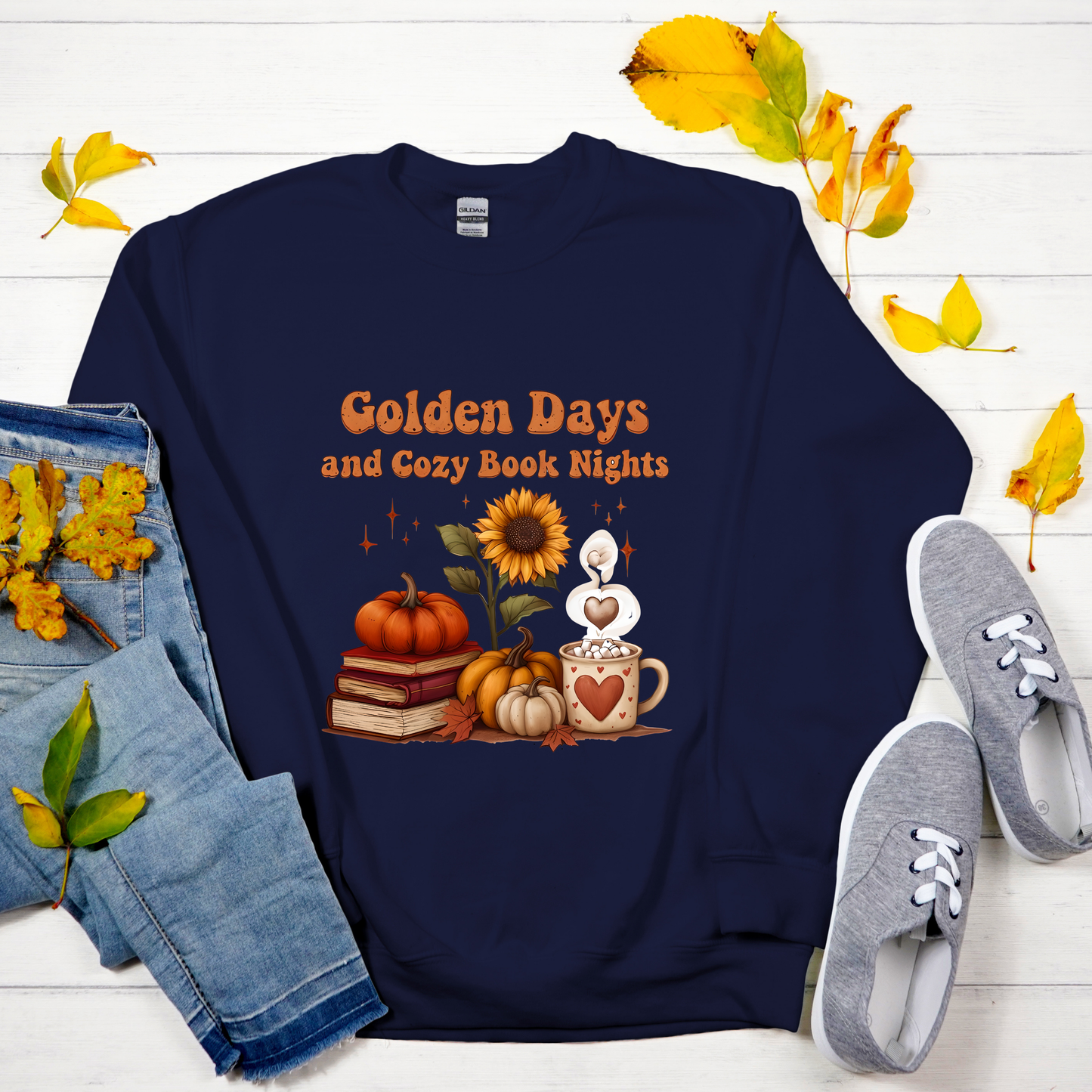Golden Days and Cozy Book Nights Crewneck Sweatshirt, Autumn Reading Sweater, Fall Vibes Apparel, Cozy Season Bookworm Gift