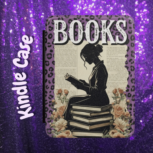 Books Silhouette Kindle Case — Floral Stack of Books Design by Printify