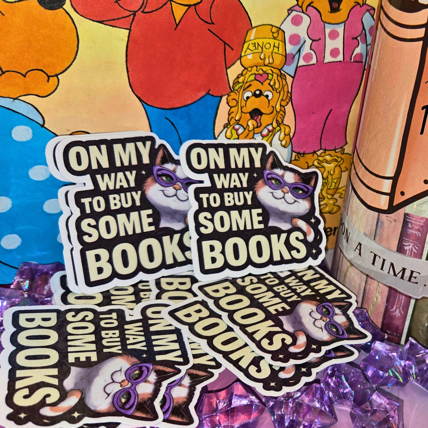 Cute Book Lover Cat Sticker - On My Way To Buy Books Decal - Glasses Kitten - Reader Gift - Laptop, Water Bottle Sticker
