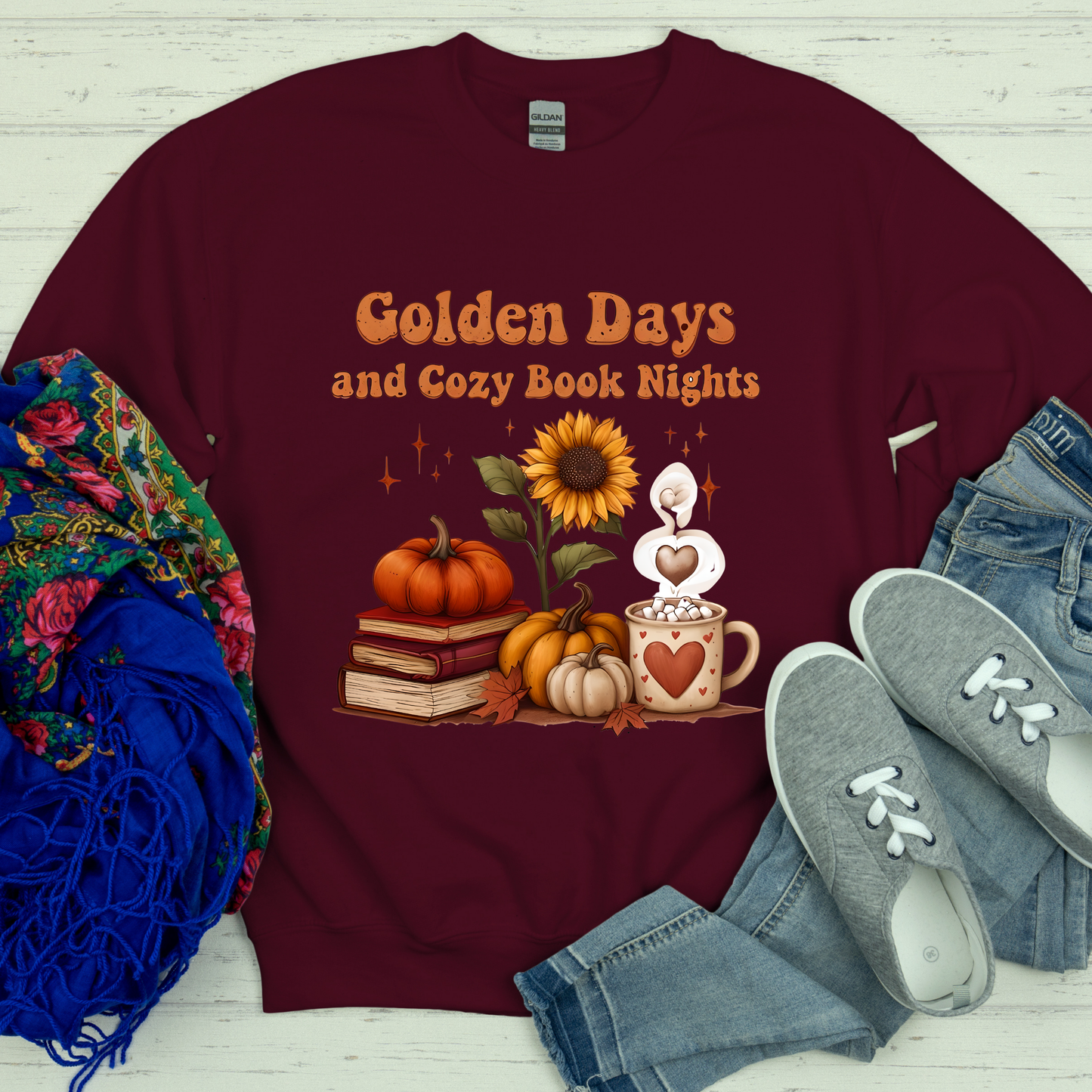 Golden Days and Cozy Book Nights Crewneck Sweatshirt, Autumn Reading Sweater, Fall Vibes Apparel, Cozy Season Bookworm Gift