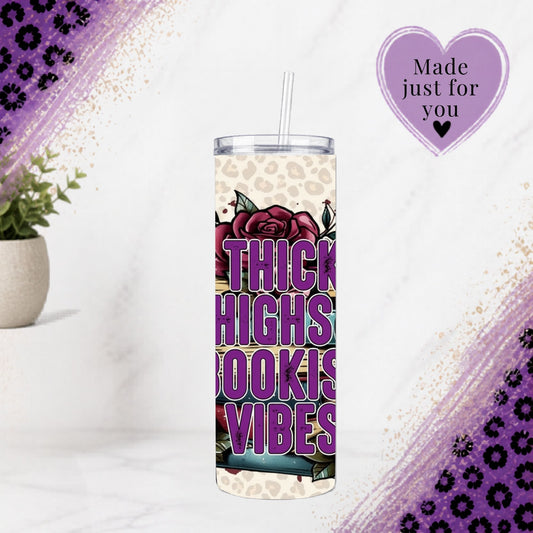 Thick Thighs Bookish Tumbler 20oz | Body Positive Reader Cup with floral and leopard print design on white background