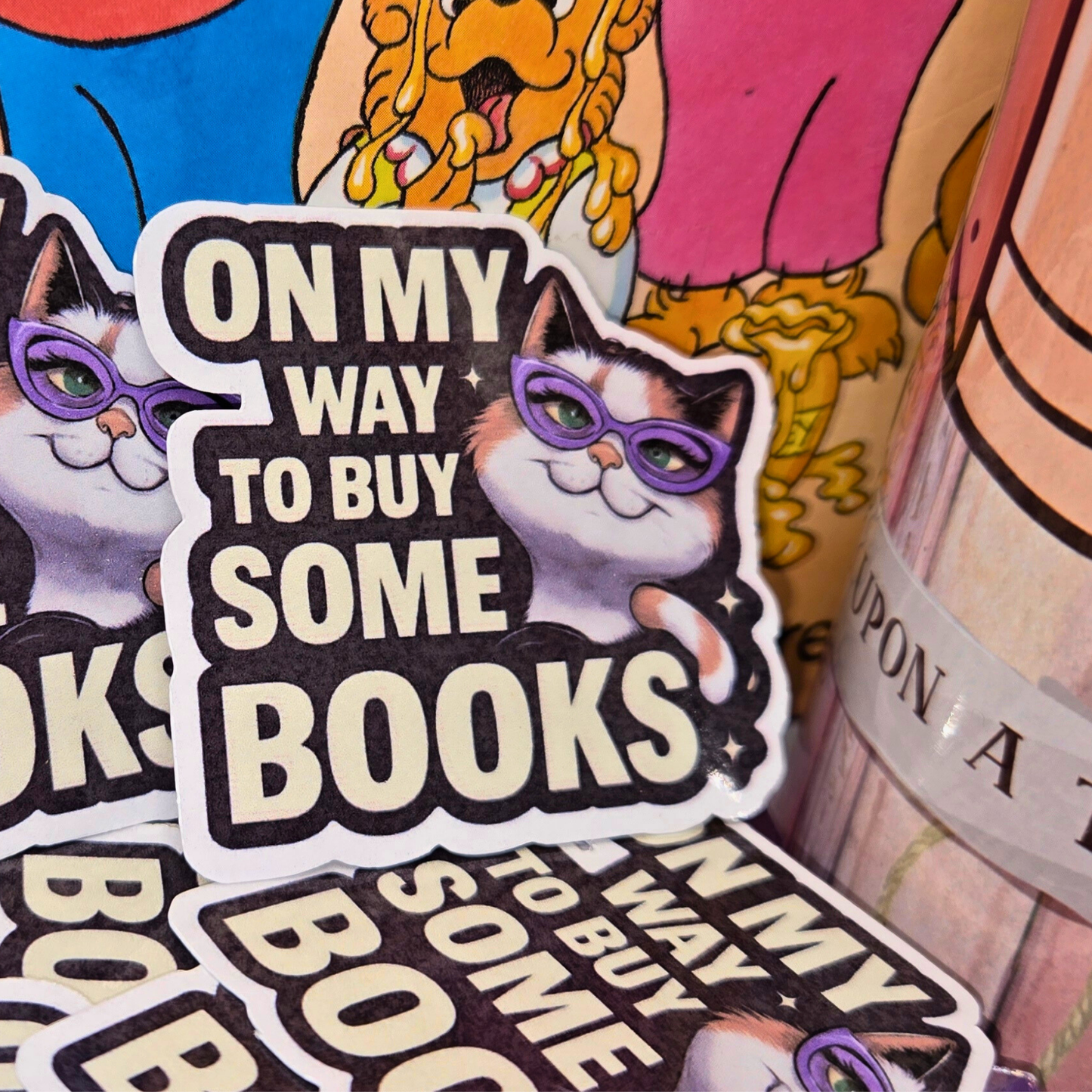Cute Book Lover Cat Sticker - On My Way To Buy Books Decal - Glasses Kitten - Reader Gift - Laptop, Water Bottle Sticker