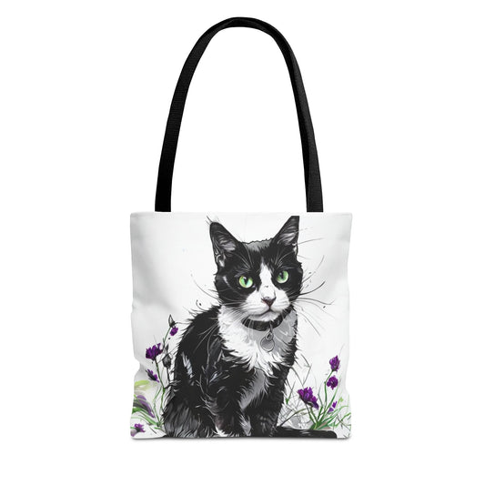 Charming Tuxedo Cat with Green Eyes Tote Bag - Elegant Reusable Shopping Bag for Cat Lovers