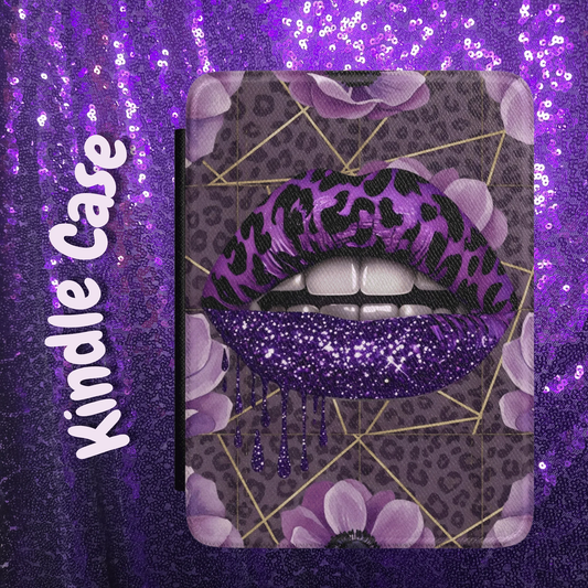 Purple Glitter Lip Kindle Case — Floral Leopard Print E-Reader Cover by Printify