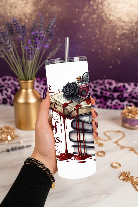 Hand holding Gothic Dark Romance Tumbler 20oz Book Lover Mug Spicy Fantasy Reader Gift Dark Academia Cup Vampy Bookish Coffee Tumbler