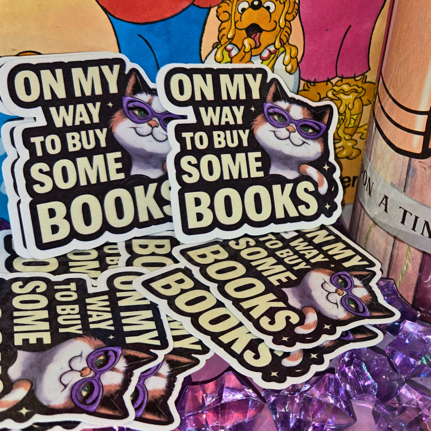 Cute Book Lover Cat Sticker - On My Way To Buy Books Decal - Glasses Kitten - Reader Gift - Laptop, Water Bottle Sticker