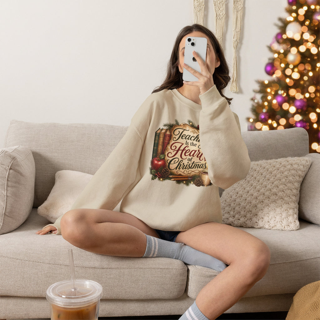 Teaching Is the Heart of Christmas teacher sweatshirt holiday flat lay