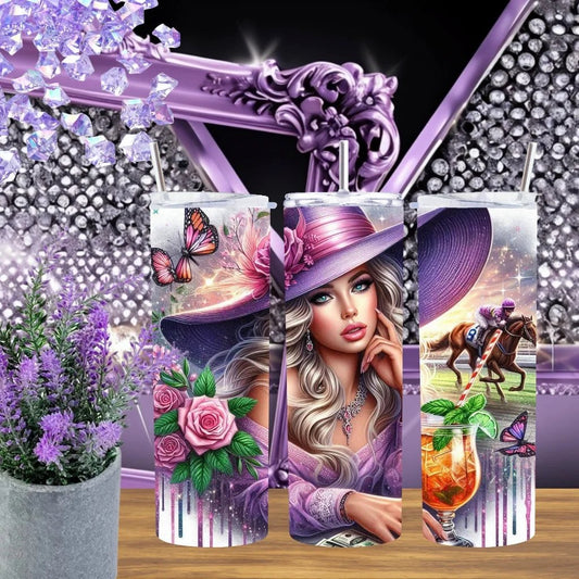 Derby Day 20oz Tumbler Stainless Steel Horse Racing Cup With Pink Rose Mint Julep Aesthetic For Southern Belle by Marie Gems
