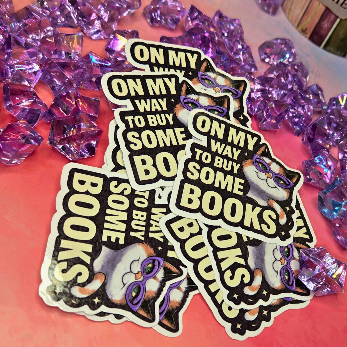 Cute Book Lover Cat Sticker - On My Way To Buy Books Decal - Glasses Kitten - Reader Gift - Laptop, Water Bottle Sticker