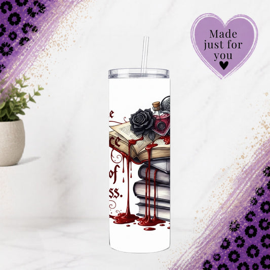 Gothic Dark Romance Tumbler 20oz Book Lover Mug Spicy Fantasy Reader Gift Dark Academia Cup Vampy Bookish Coffee Tumbler with blood drip design.