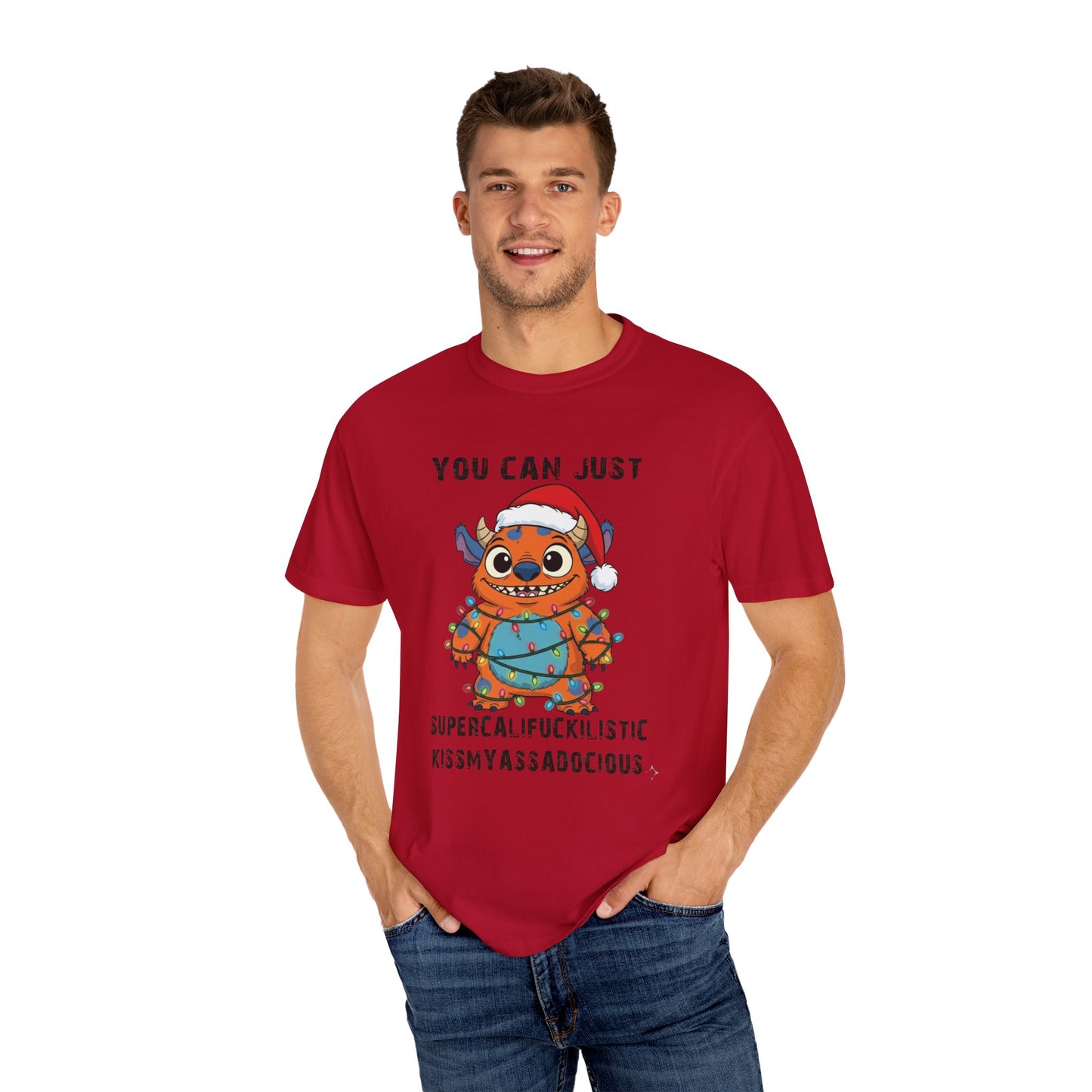 Funny Christmas Monster T-Shirt: Holiday Lights Alien Creature with Santa Hat | Adult & Kid Festive Gag Gift Tee