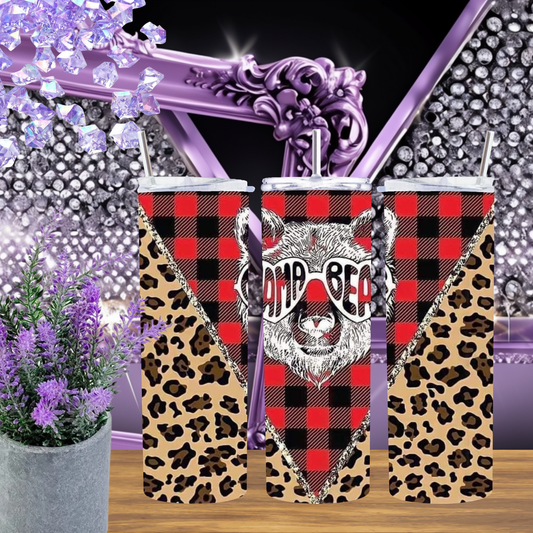 Mama Bear Tumbler 20 oz – Buffalo Plaid & Leopard Skinny Cup for Moms, Rustic Red Christmas Tumbler with Bear Graphic