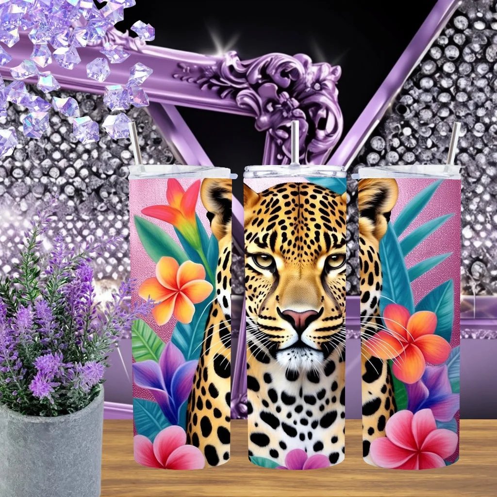 Tropical Leopard 20oz Tumbler With Exotic Animal Print Pink Hibiscus Floral Stainless Steel Drinkware Gift For Her by Marie Gems