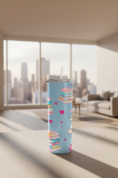 Pastel Book Lover Handmade 20 oz Stainless Steel Tumbler showing pastel book lover tumbler artwork with pastel book lover tumbler, gift for book lover, book lover tumbler, product