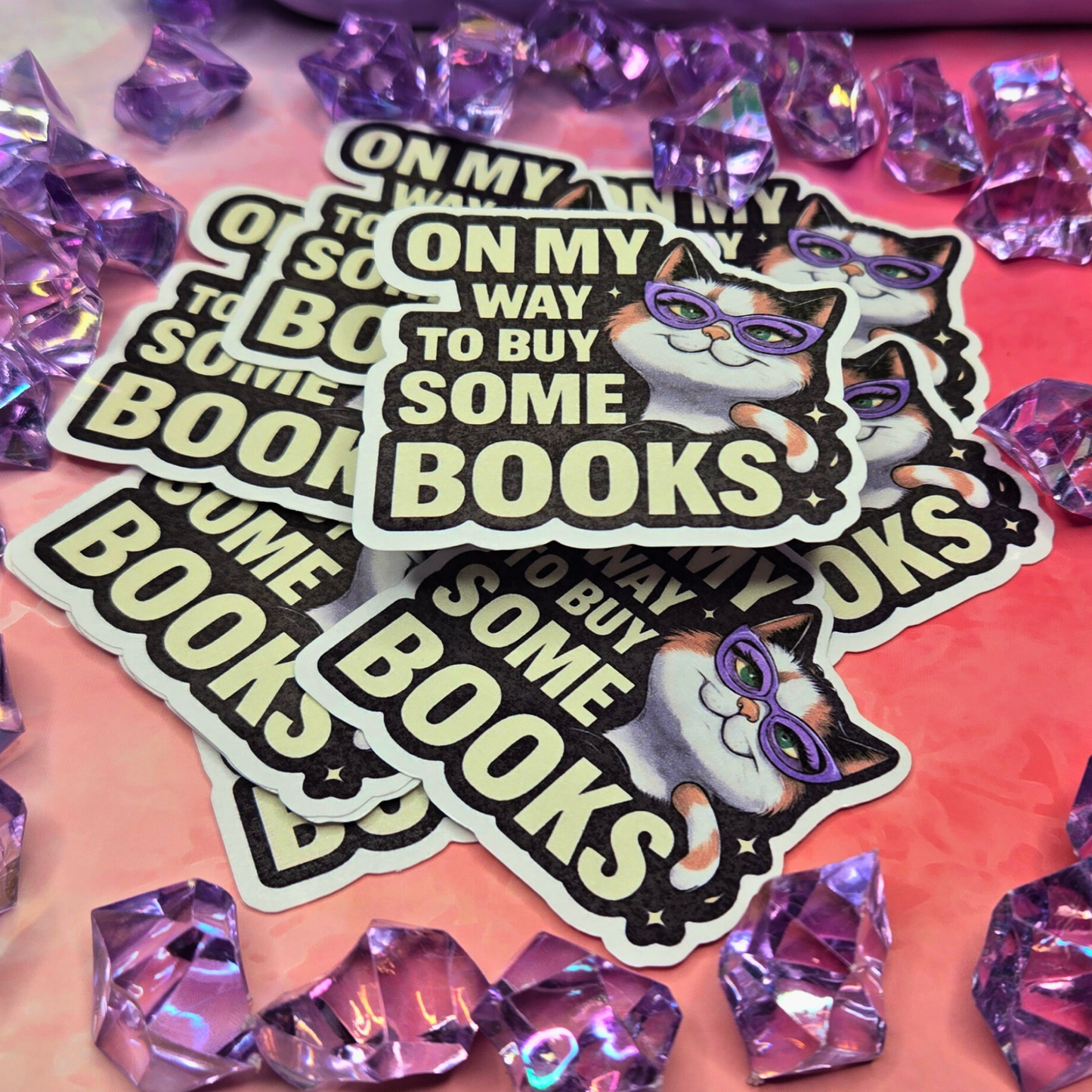 Cute Book Lover Cat Sticker - On My Way To Buy Books Decal - Glasses Kitten - Reader Gift - Laptop, Water Bottle Sticker