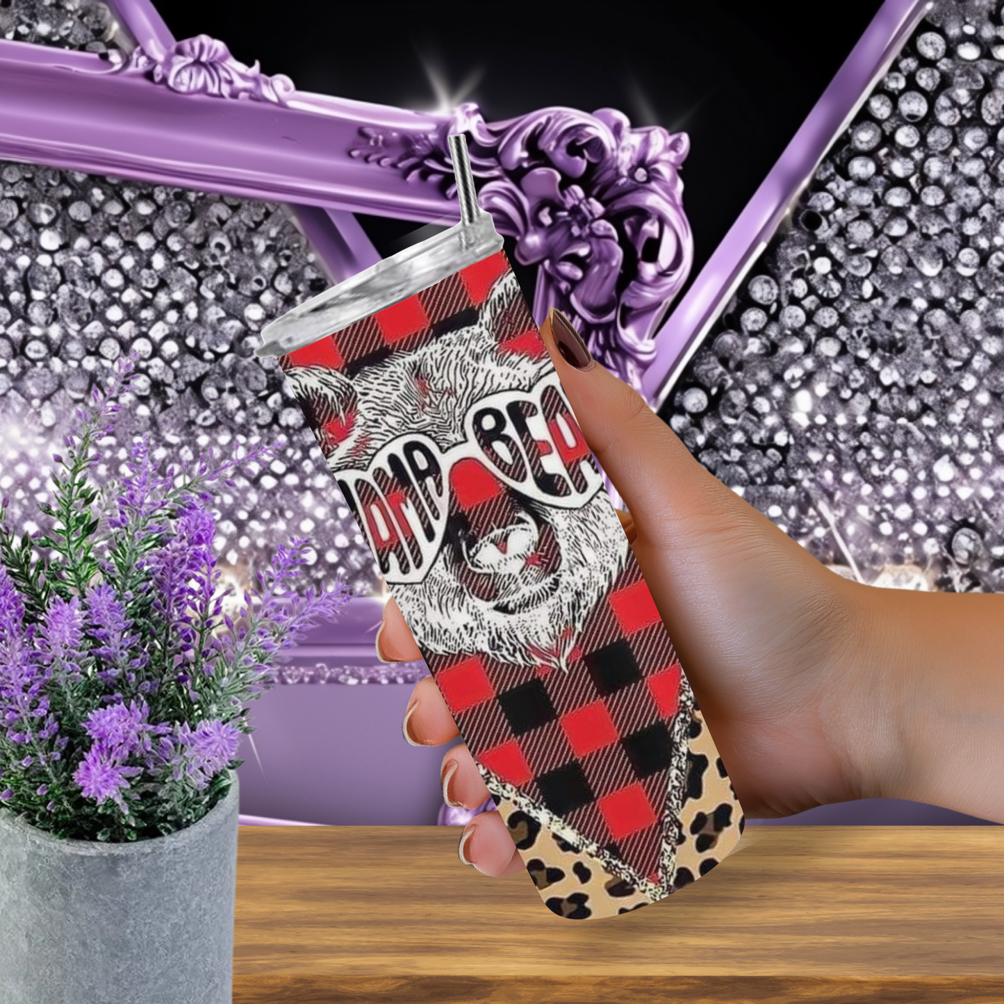 Mama Bear Tumbler 20 oz – Buffalo Plaid & Leopard Skinny Cup for Moms, Rustic Red Christmas Tumbler with Bear Graphic