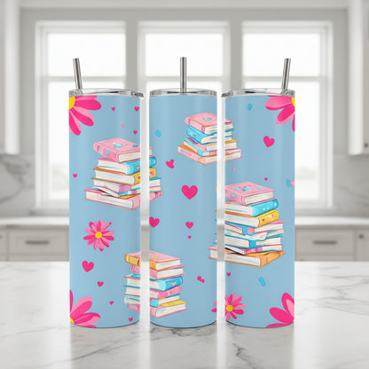 Pastel Book Lover Handmade 20 oz Stainless Steel Tumbler showing pastel book lover tumbler artwork with pastel book lover tumbler, gift for book lover, book lover tumbler, product