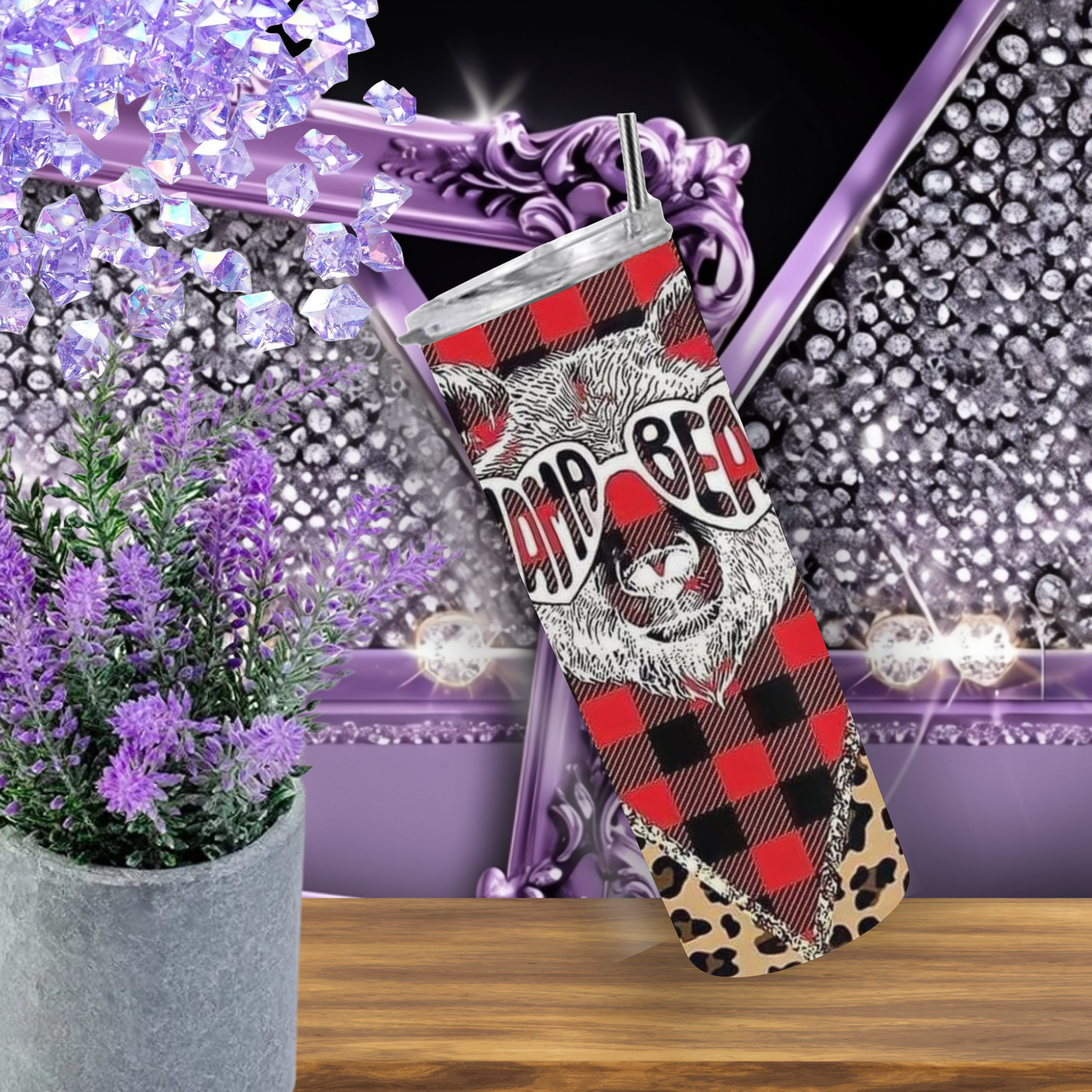 Mama Bear Tumbler 20 oz – Buffalo Plaid & Leopard Skinny Cup for Moms, Rustic Red Christmas Tumbler with Bear Graphic