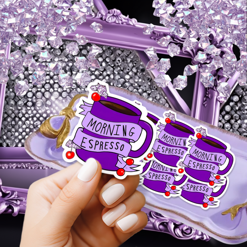 Start Your Day Right with a Purple Morning Espresso Sticker - Perfect 2x2 Inch Decal for Coffee Lovers