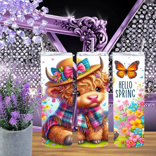 Highland Cow 20oz Tumbler Hello Spring Stainless Steel Cup Colorful Floral Farmhouse Gift Handmade Plaid Cow Drinkware by Marie Gems