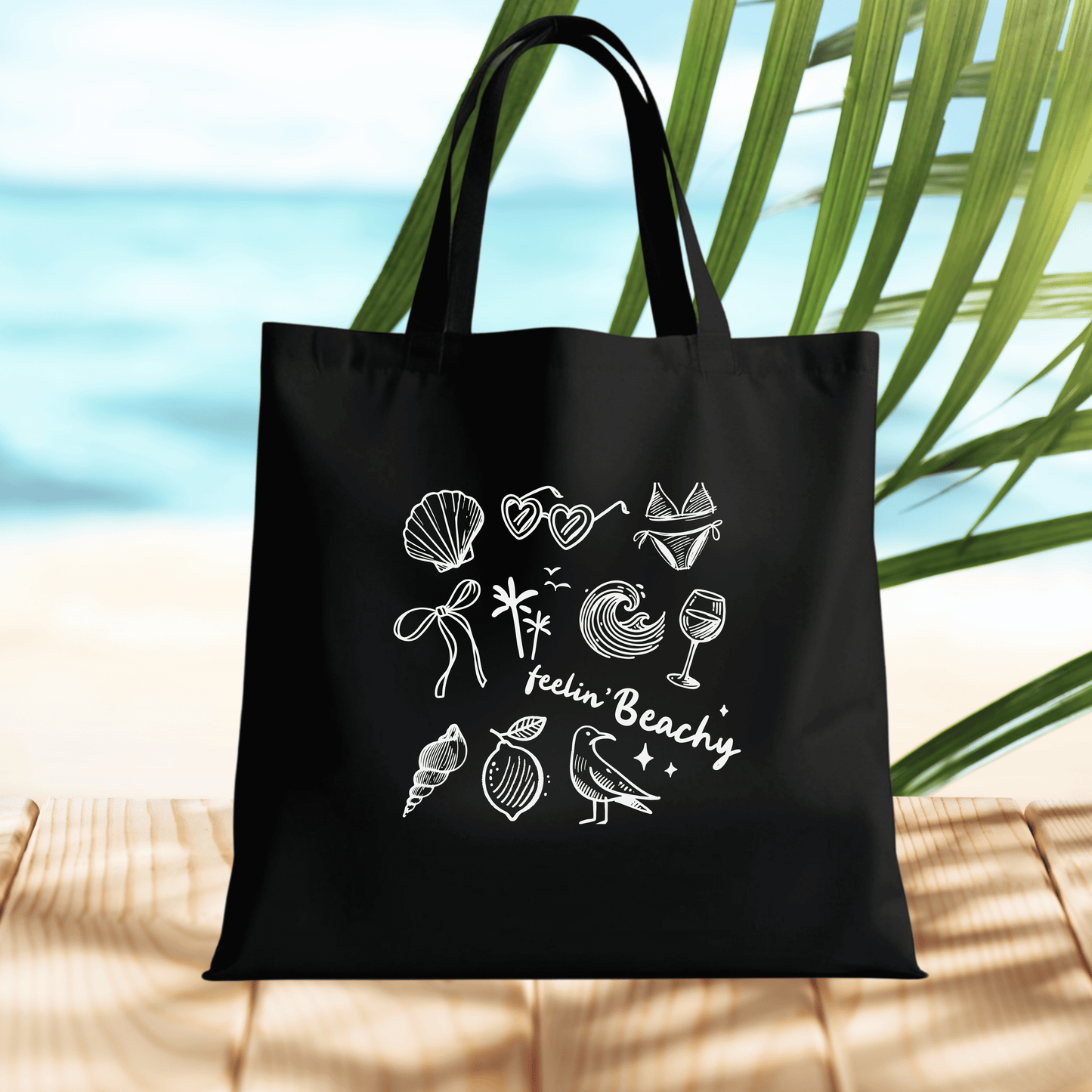 Black Canvas Tote Bag with "Feelin' Beachy" Design - Large 15x16 inch Reusable Shopping Bag
