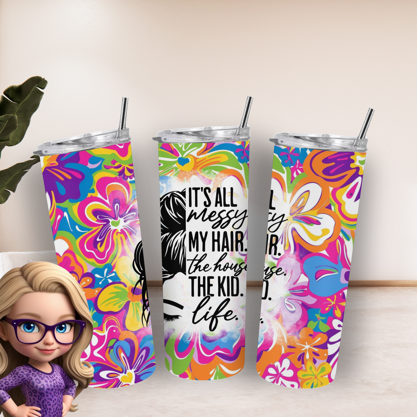 Vibrant Floral Messy Bun Tumbler – Insulated 20oz Skinny Cup for Coffee & Cold Drinks On-The-Go