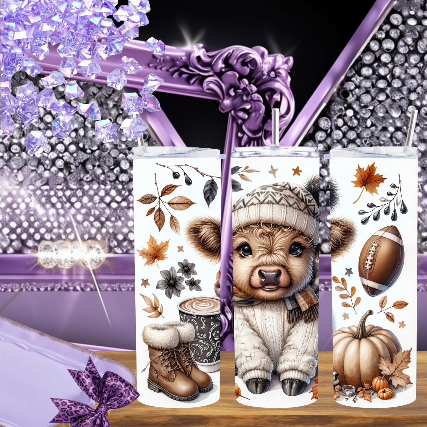 Cozy Highland Cow Autumn Fall 20oz Skinny Tumbler, Baby Cow in Beanie, Pumpkin Spice Season, Football Season, Fall Aesthetic Gift for Her