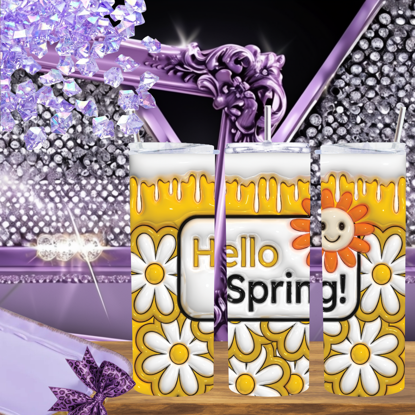 Hello Spring Tumbler 20 oz – Daisy Floral Skinny Tumbler with Honey Drip Design, Double Wall Insulated Cup with Straw, Spring Gift for Her