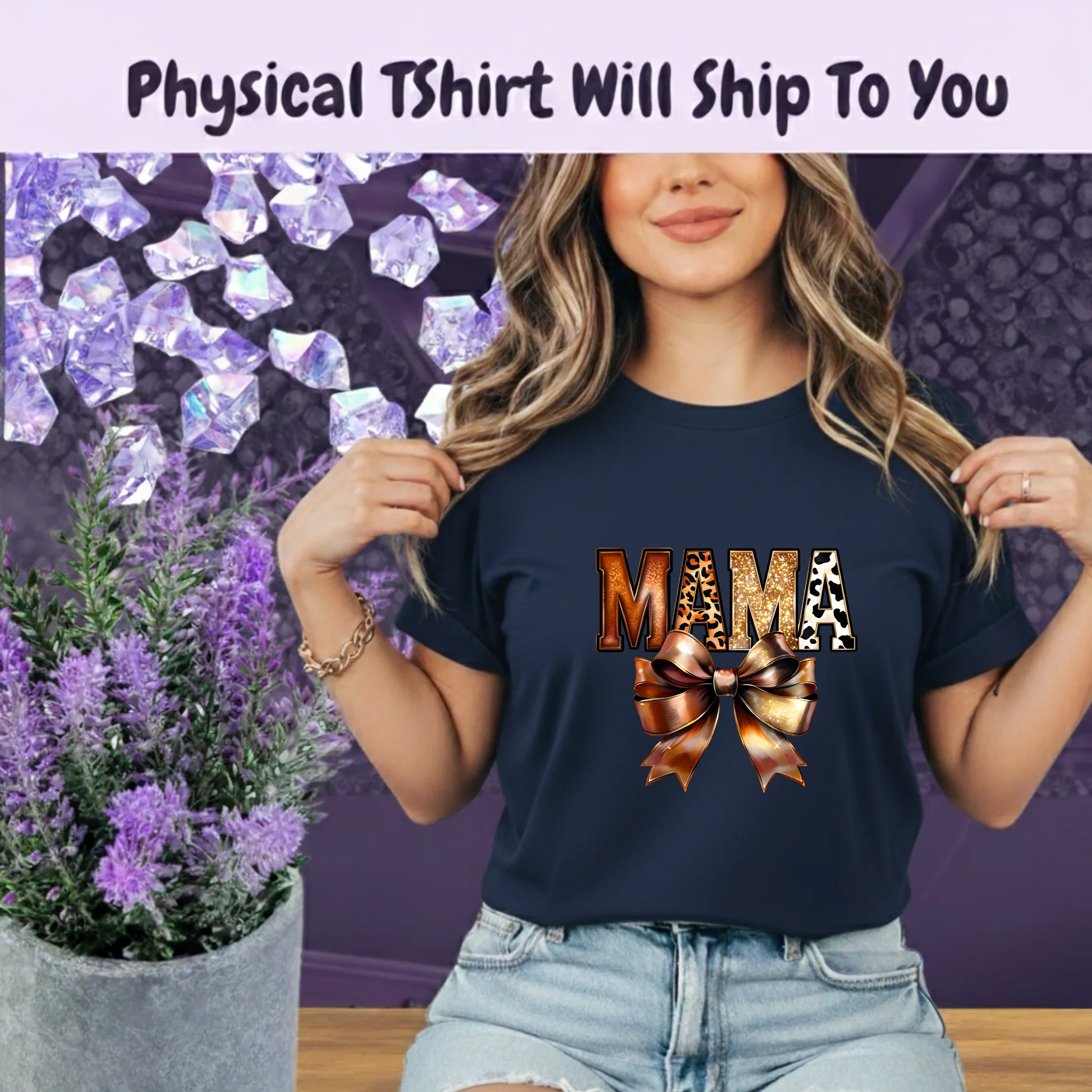 Western Mama T Shirt Leopard Print Gold Glitter Bow Boho Tee For Cowgirl Moms And Rodeo Lovers by Marie Gems