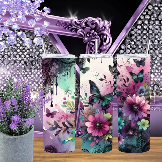 Watercolor Butterfly 20oz Tumbler Teal Purple Floral Stainless Steel Cup Boho Garden Gift for Her Drinkware by Marie Gems