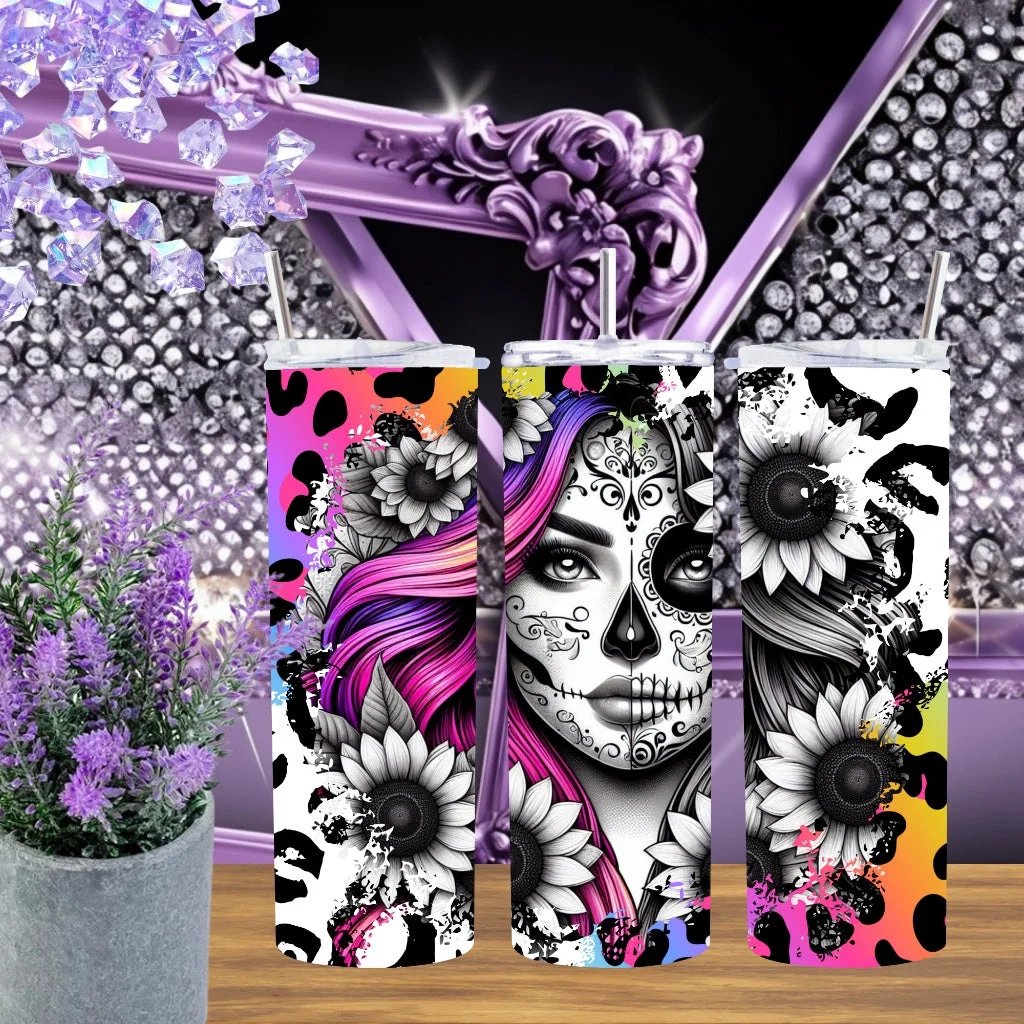 Sugar Skull 20 Ounce Tumbler Neon Sunflower Stainless Steel Gift For Her Pink Orange Aesthetic Drinkware Day Of The Dead by Marie Gems