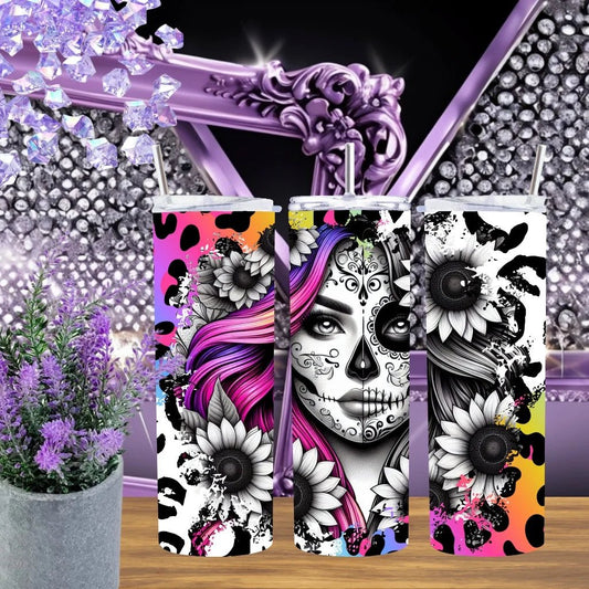 Sugar Skull 20 Ounce Tumbler Neon Sunflower Stainless Steel Gift For Her Pink Orange Aesthetic Drinkware Day Of The Dead by Marie Gems