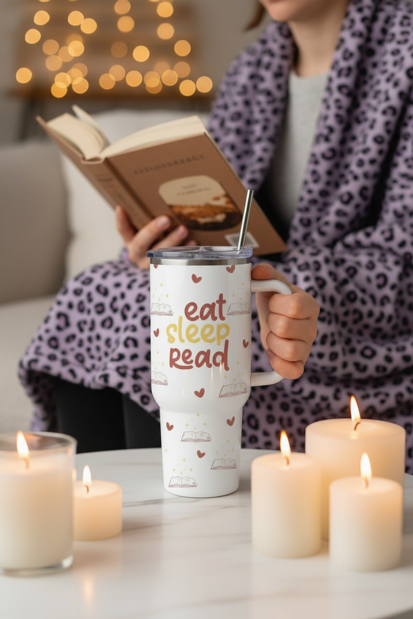 Eat Sleep Read Handmade 40 oz Stainless Steel Tumbler showing eat sleep read 40oz tumbler artwork with book lover 40oz tumbler, eat sleep read tumbler, tumbler with handle, product