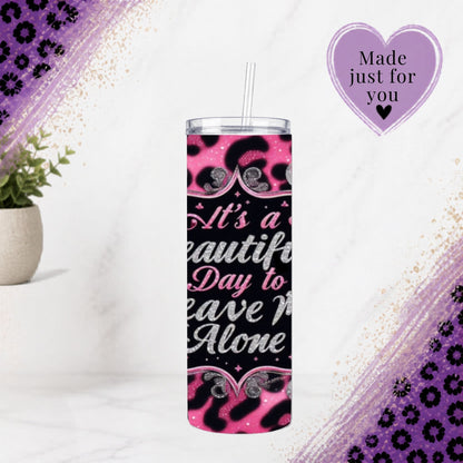 Funny Leopard Handmade 20 oz Stainless Steel Tumbler showing funny leopard tumbler artwork with insulated stainless steel tumbler, reusable travel cup, made to order
