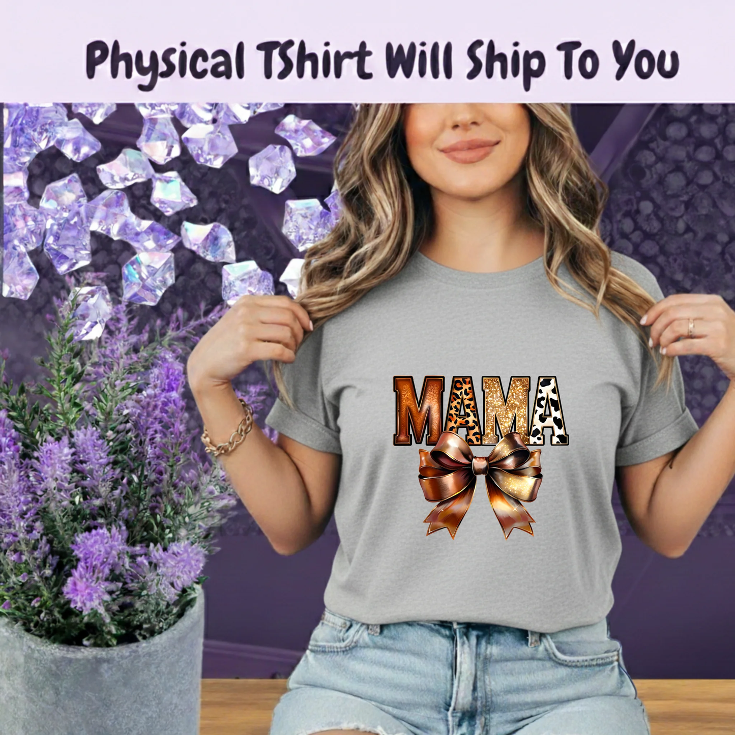 Western Mama T Shirt Leopard Print Gold Glitter Bow Boho Tee For Cowgirl Moms And Rodeo Lovers by Marie Gems