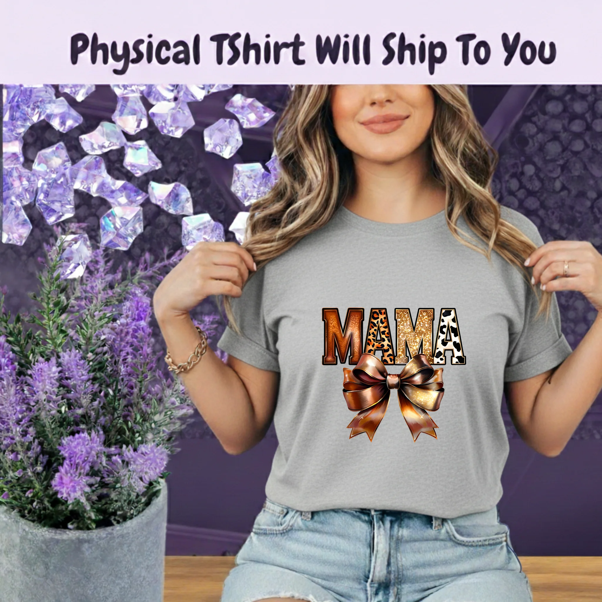 Western Mama T Shirt Leopard Print Gold Glitter Bow Boho Tee For Cowgirl Moms And Rodeo Lovers by Marie Gems