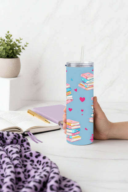 Pastel Book Lover Handmade 20 oz Stainless Steel Tumbler showing pastel book lover tumbler artwork with pastel book lover tumbler, gift for book lover, book lover tumbler