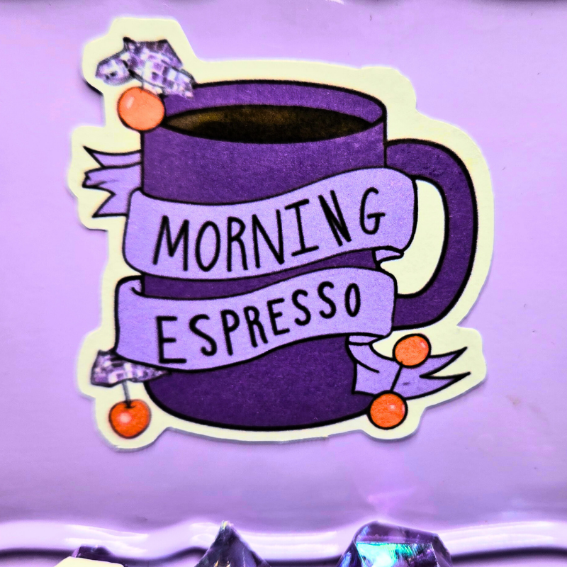 Start Your Day Right with a Purple Morning Espresso Sticker - Perfect 2x2 Inch Decal for Coffee Lovers