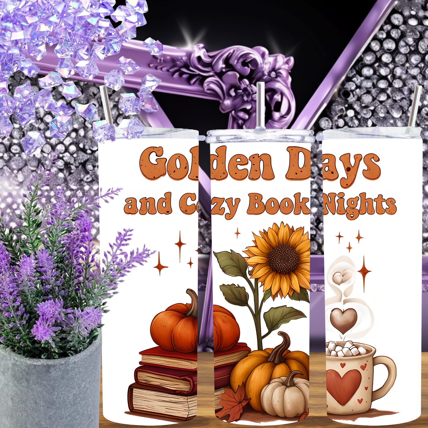 Golden Days & Cozy Book Nights 20oz Skinny Tumbler, Book Lover Fall Mug, Autumn Aesthetic Drinkware, Physical Tumbler for Readers