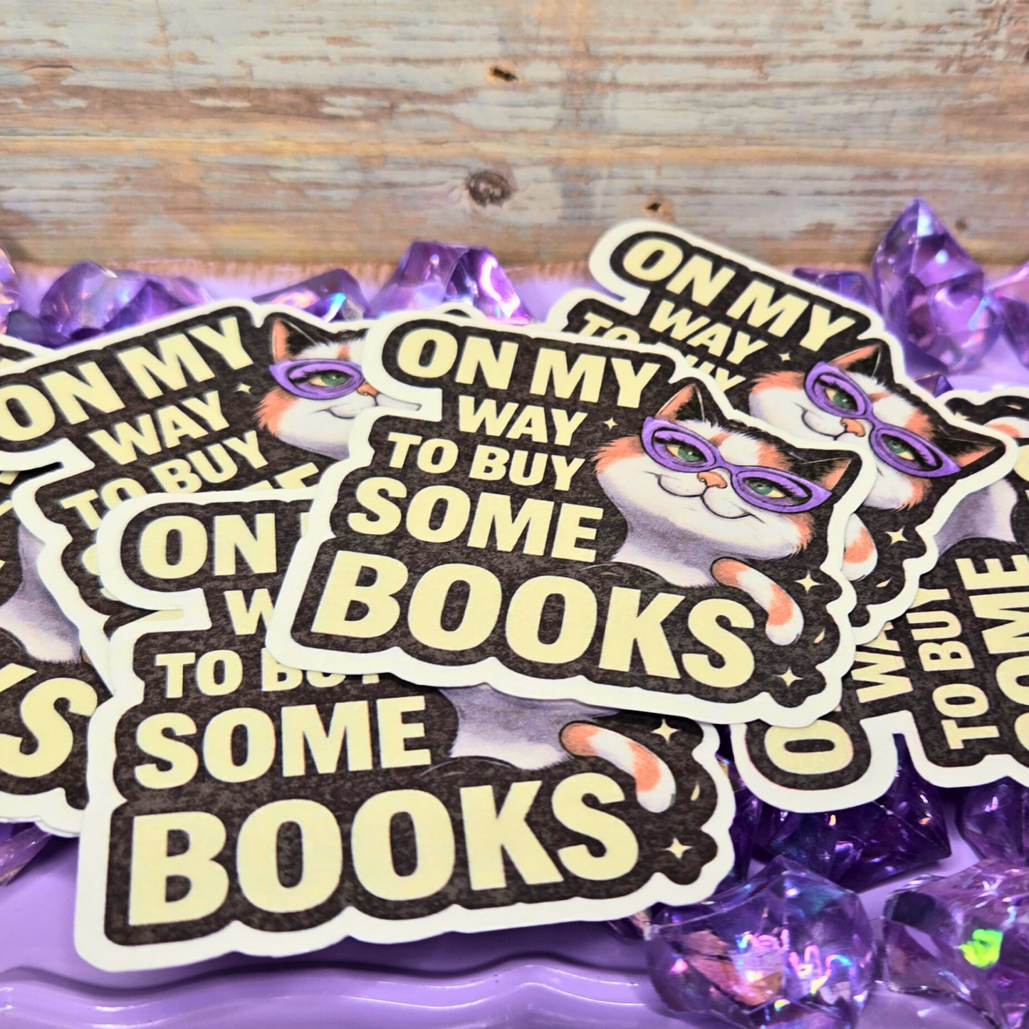 Cute Book Lover Cat Sticker - On My Way To Buy Books Decal - Glasses Kitten - Reader Gift - Laptop, Water Bottle Sticker