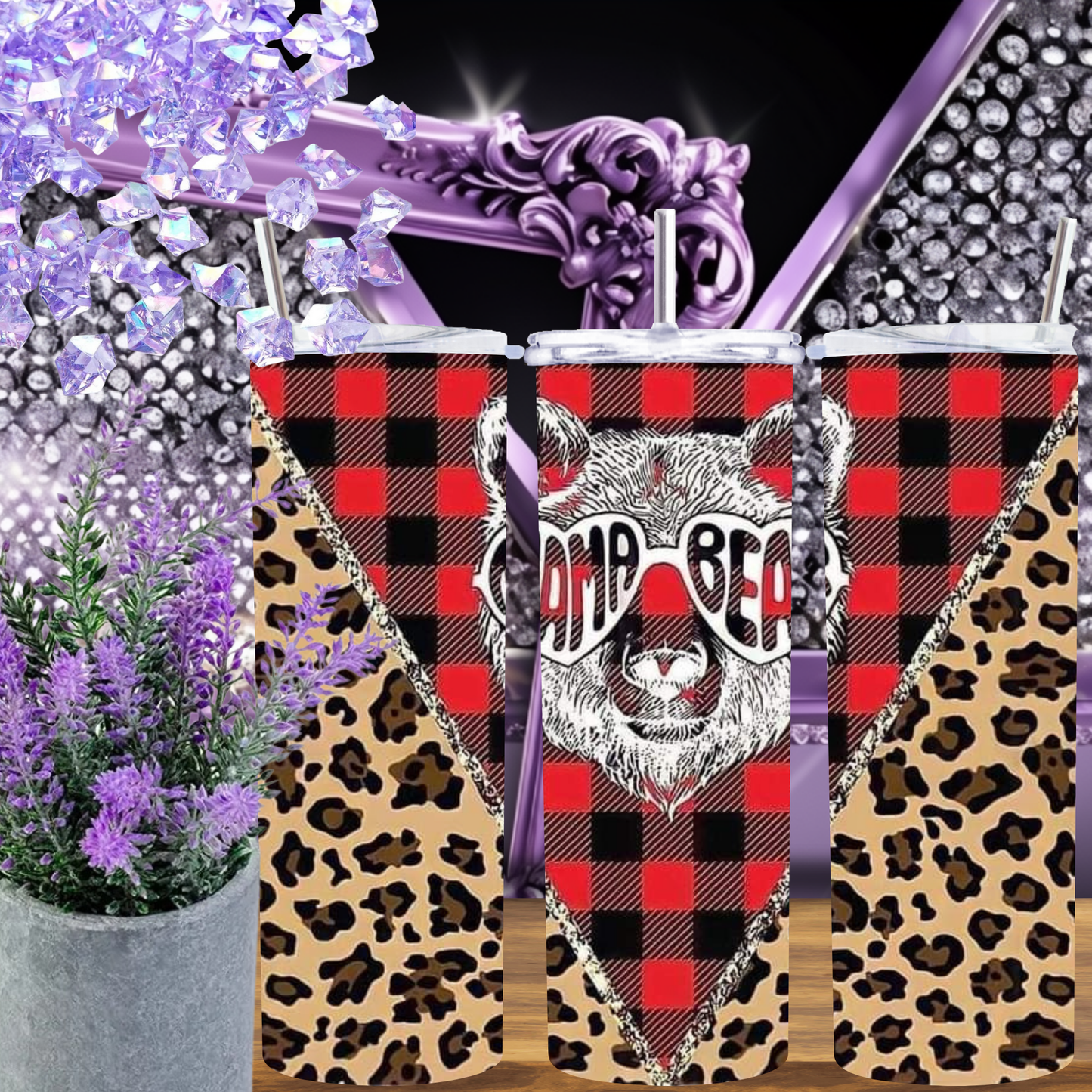 Mama Bear Tumbler 20 oz – Buffalo Plaid & Leopard Skinny Cup for Moms, Rustic Red Christmas Tumbler with Bear Graphic