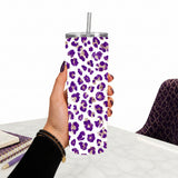 Purple Leopard Print 20 oz Stainless Steel Tumbler showing purple leopard print tumbler artwork with insulated stainless steel tumbler, reusable travel cup, made to order, product