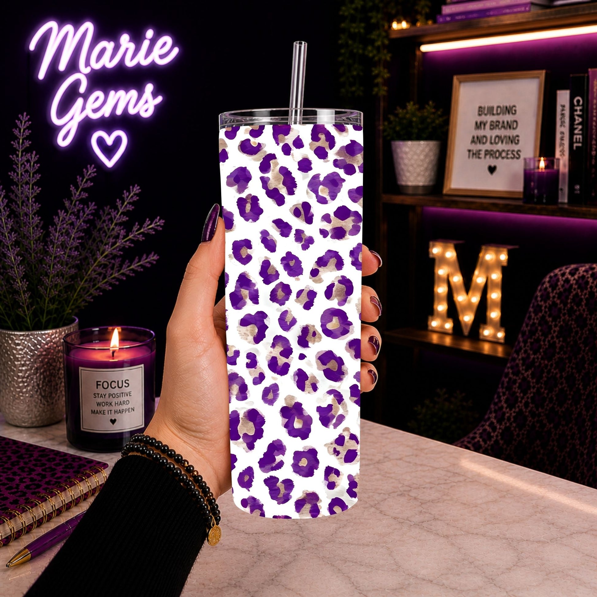 Hand holding Purple Leopard Print 20oz Tumbler Amethyst Cheetah Stainless Steel Cup Handmade Lavender Aesthetic Drinkware Gift